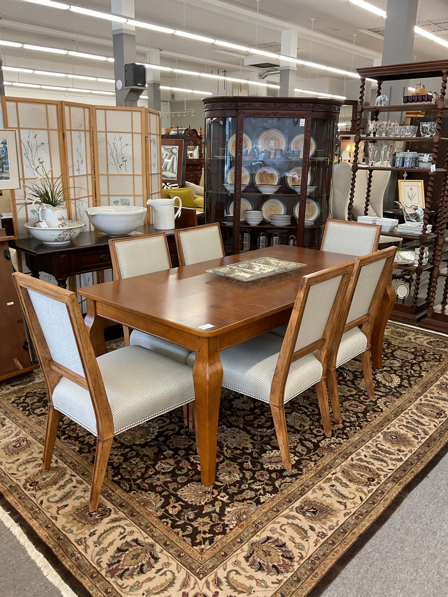 Dining Table & Oatmeal 6-Upholstered Chairs 72x38x30" 16" Extra Leaf