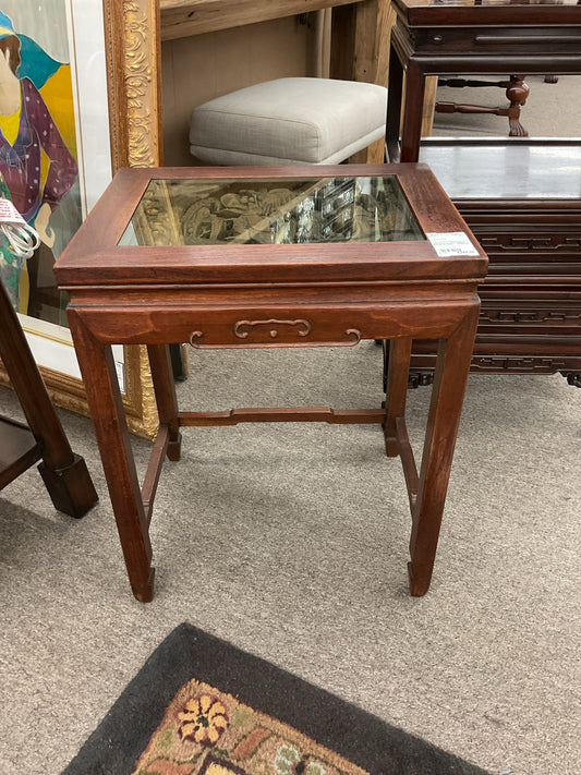 Vintage Chinese Ming Style Side Table w/3-D Carved Top 20x17x17