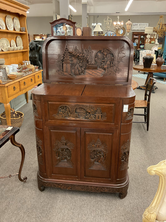 1960s George Zee Mid-Century Asian Heavily Hand Carved Flip Top Dry Bar Cabinet