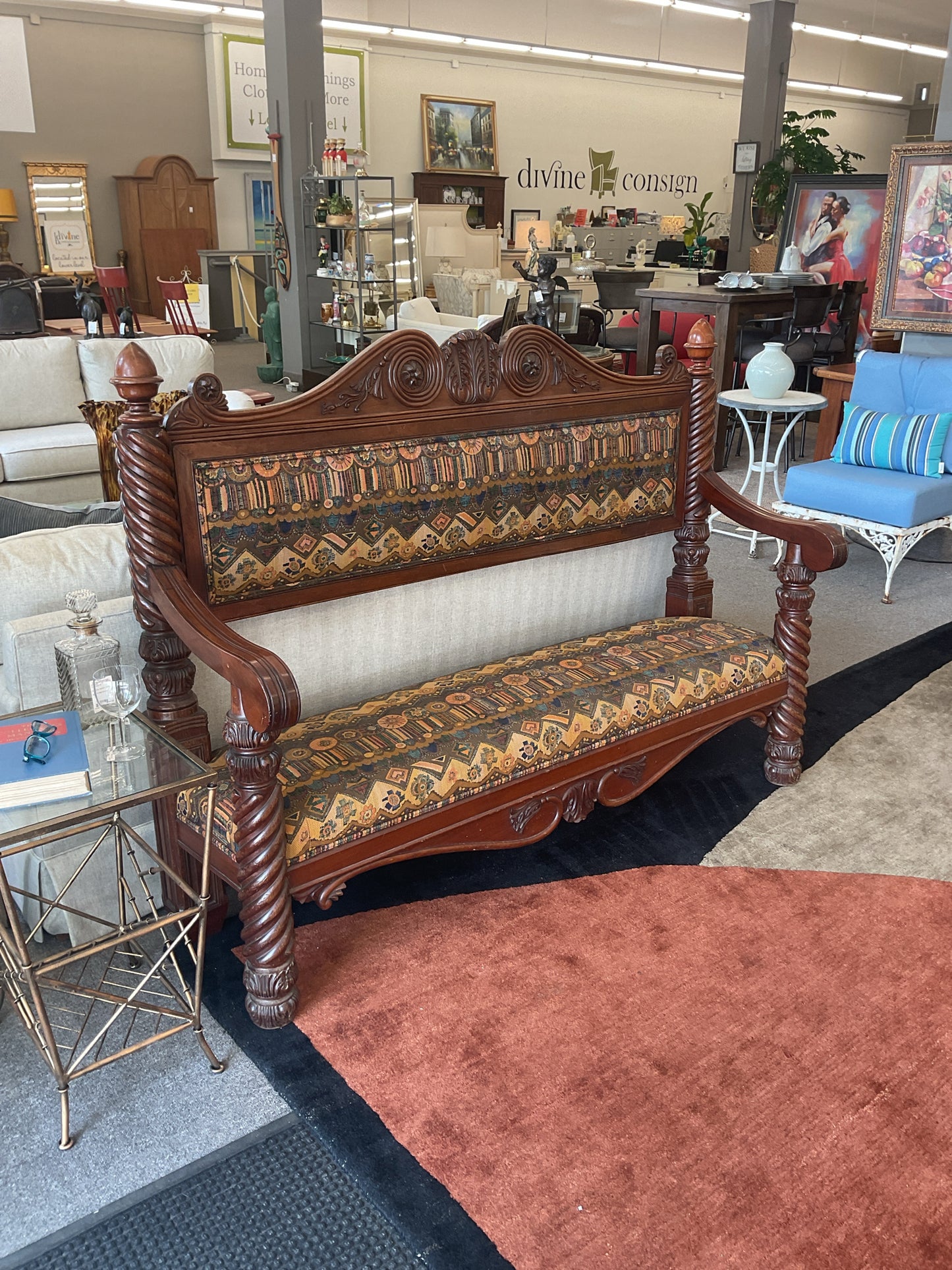 Upholstered Vintage Carved Wooden Settee w/Spiral Legs 66x21x50