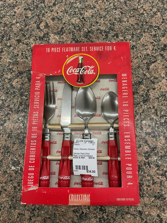 Stainless Steel & Red Plastic CocaCola Flatware 16 Pieces