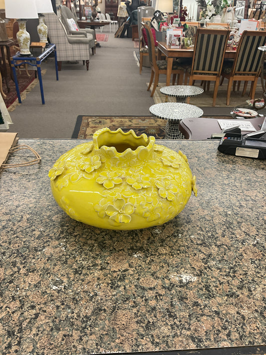 Yellow Ceramic Console Vase w/3-d Flower Design