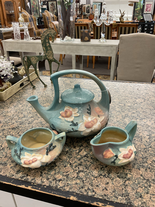Roseville Pottery Tea Set Blue Magnolia Pattern