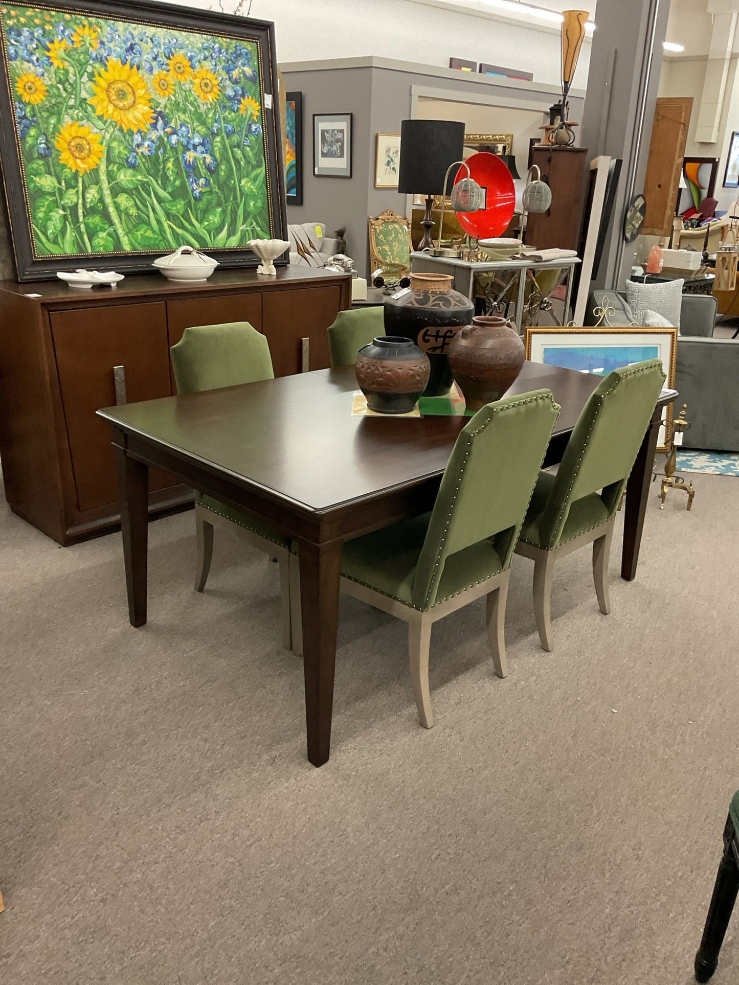 Dining Table 68x42" w/18"Leaf (4)Green Velvet Chairs Sold as Set