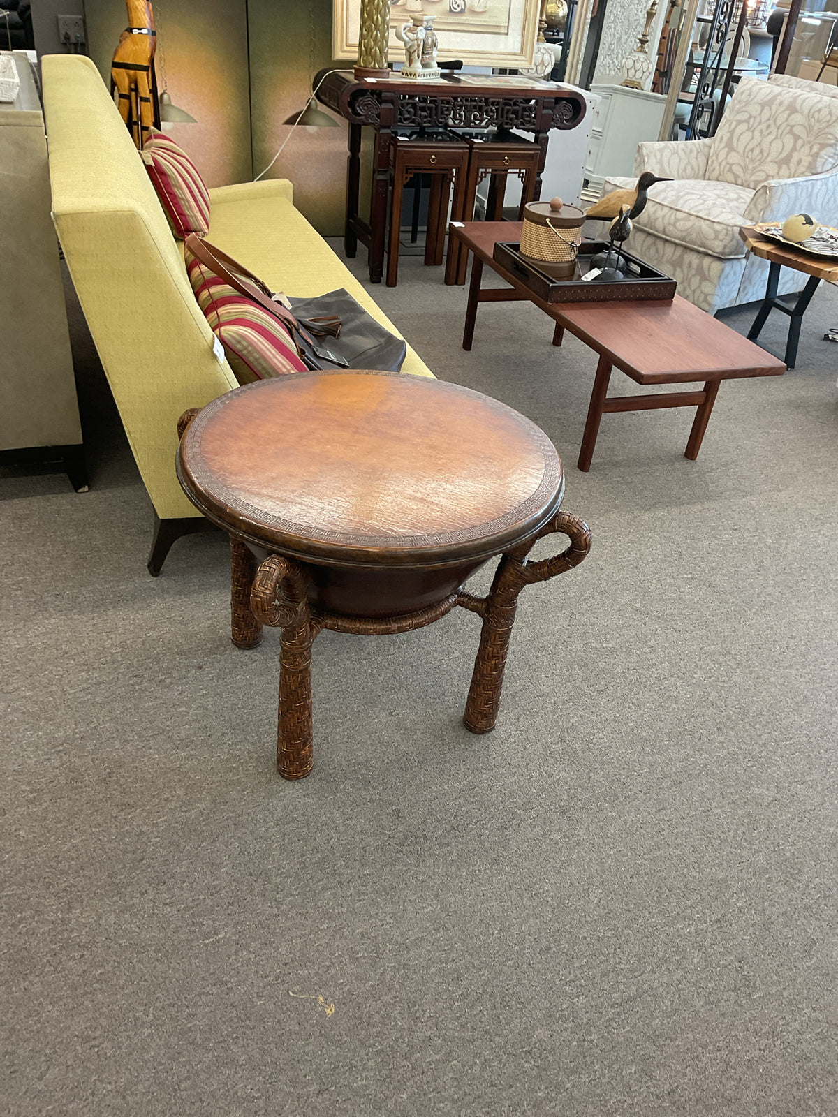 Maitland-Smith Vintage Round Drum Occasional Table w/Tooled Leather