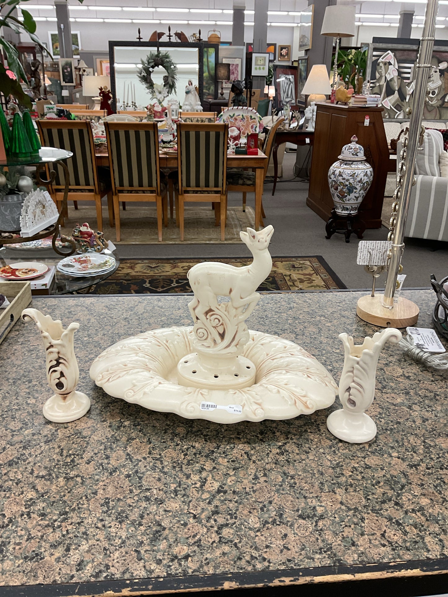 Red Wing Pottery Deer Flower Frog Console Bowl w/Candleholders