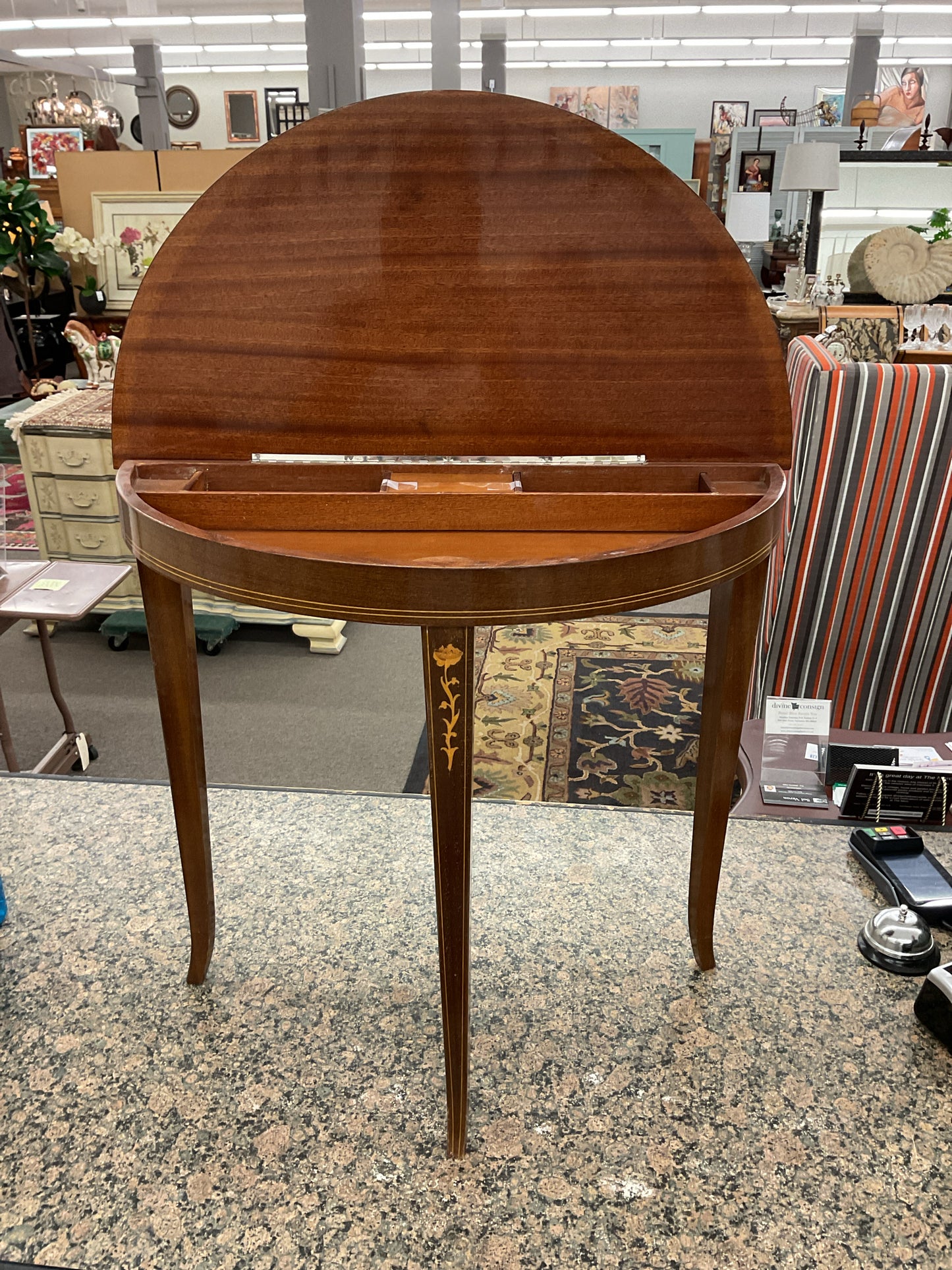 Inlaid Musical Demilune Table w/Storage
