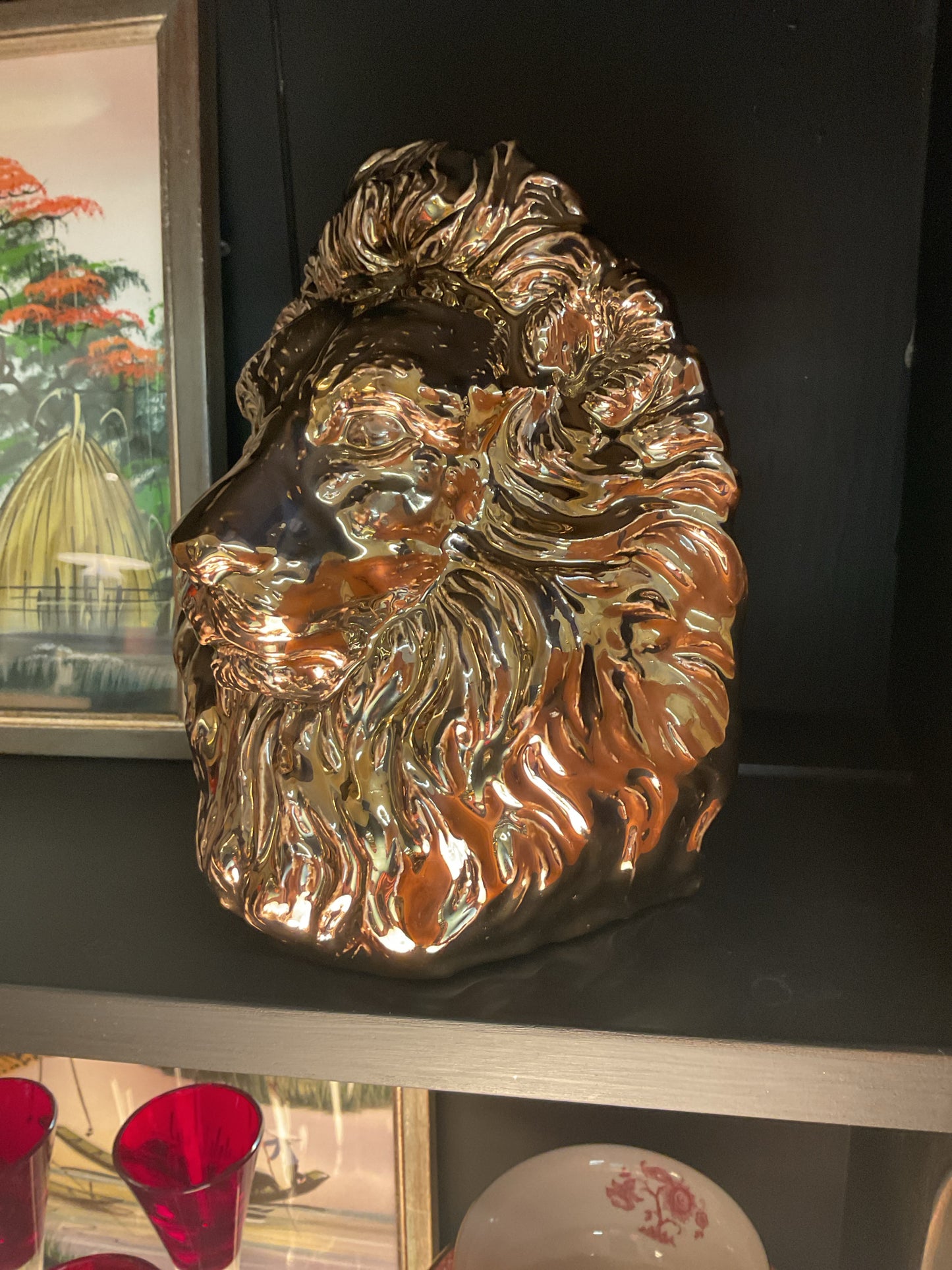 Figural Lion's Head Metallic Bronze Ceramic