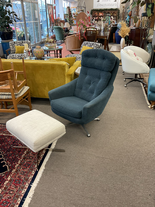 Blue Modern Swivel Chair & White Ottoman