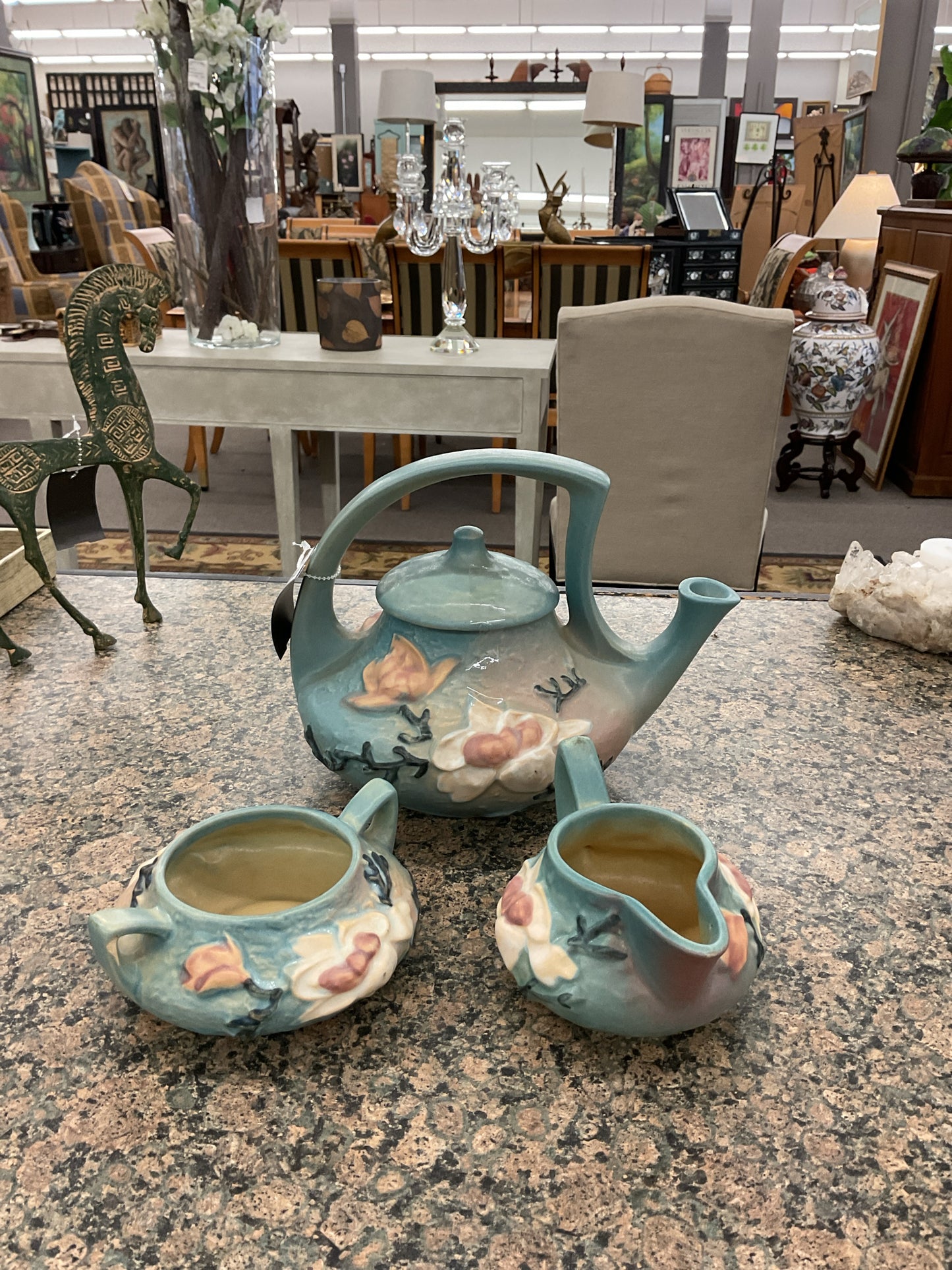 Roseville Pottery Tea Set Blue Magnolia Pattern