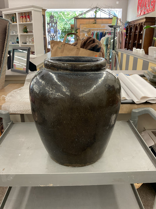 Dark Brown Ceramic Planter w/Blue Speckles