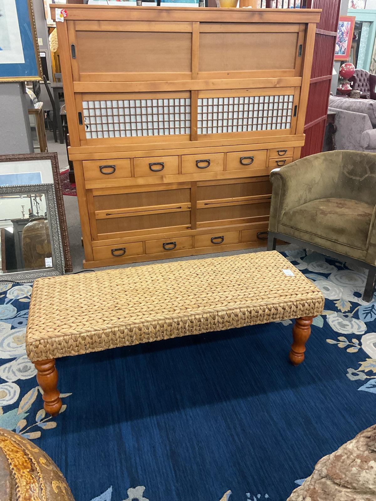 Woven Seagrass Bench w/Turned Legs