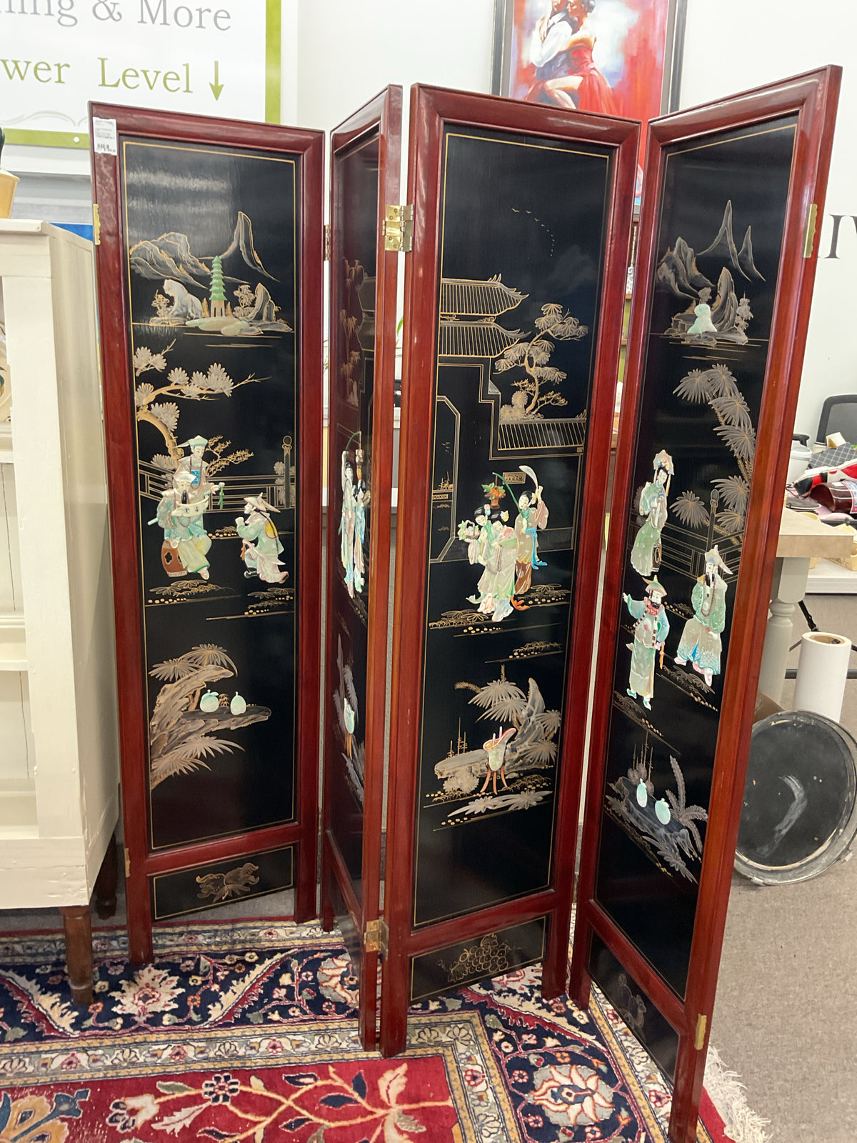 Vintage 4-Panel Asian Folding Screen w/3-D Mother of Pearl Design