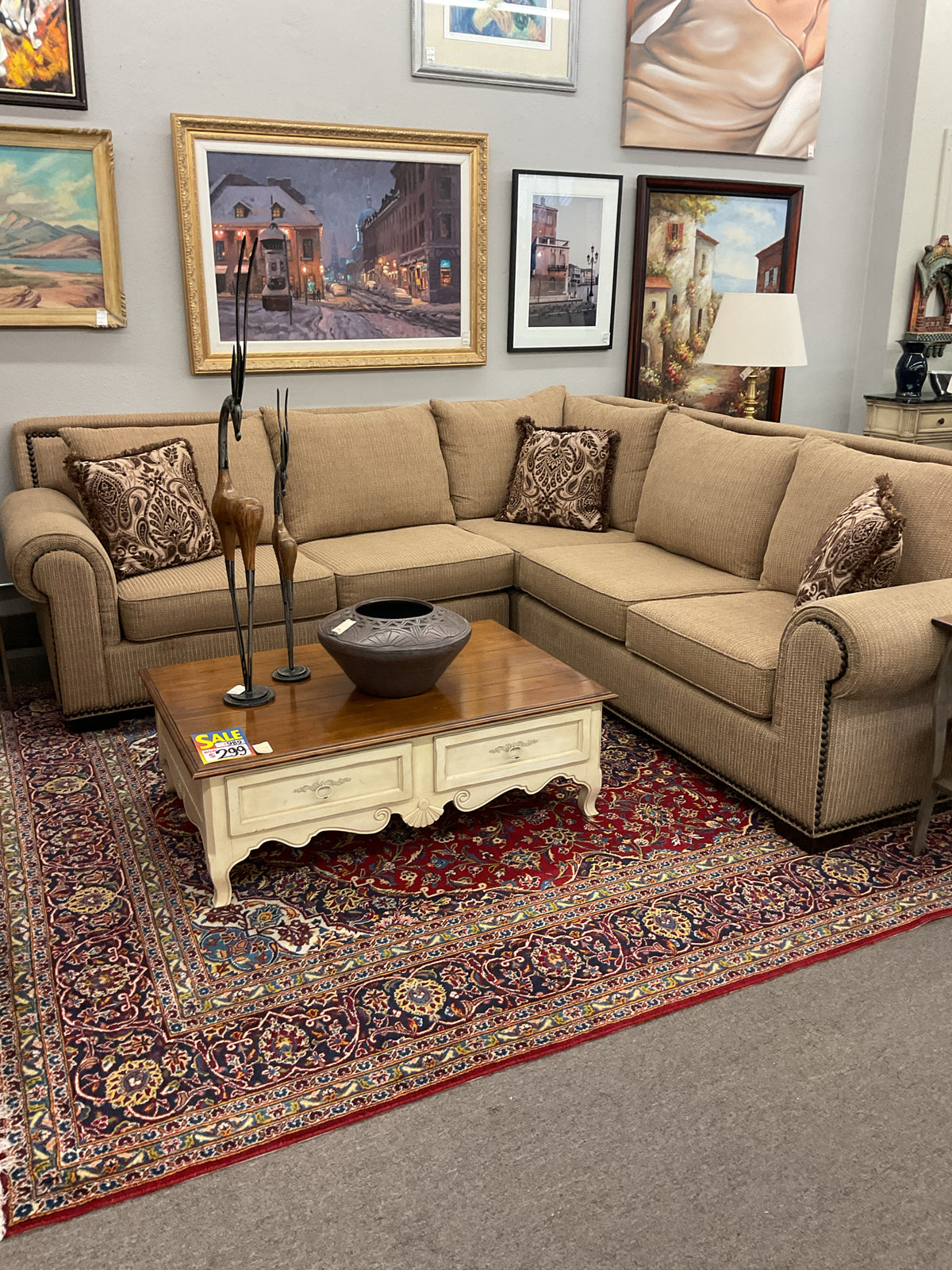 Upholstered 3-Piece Sectional Ribbed Fabric w/Nailhead Trim  115x115" 40"D,38"H