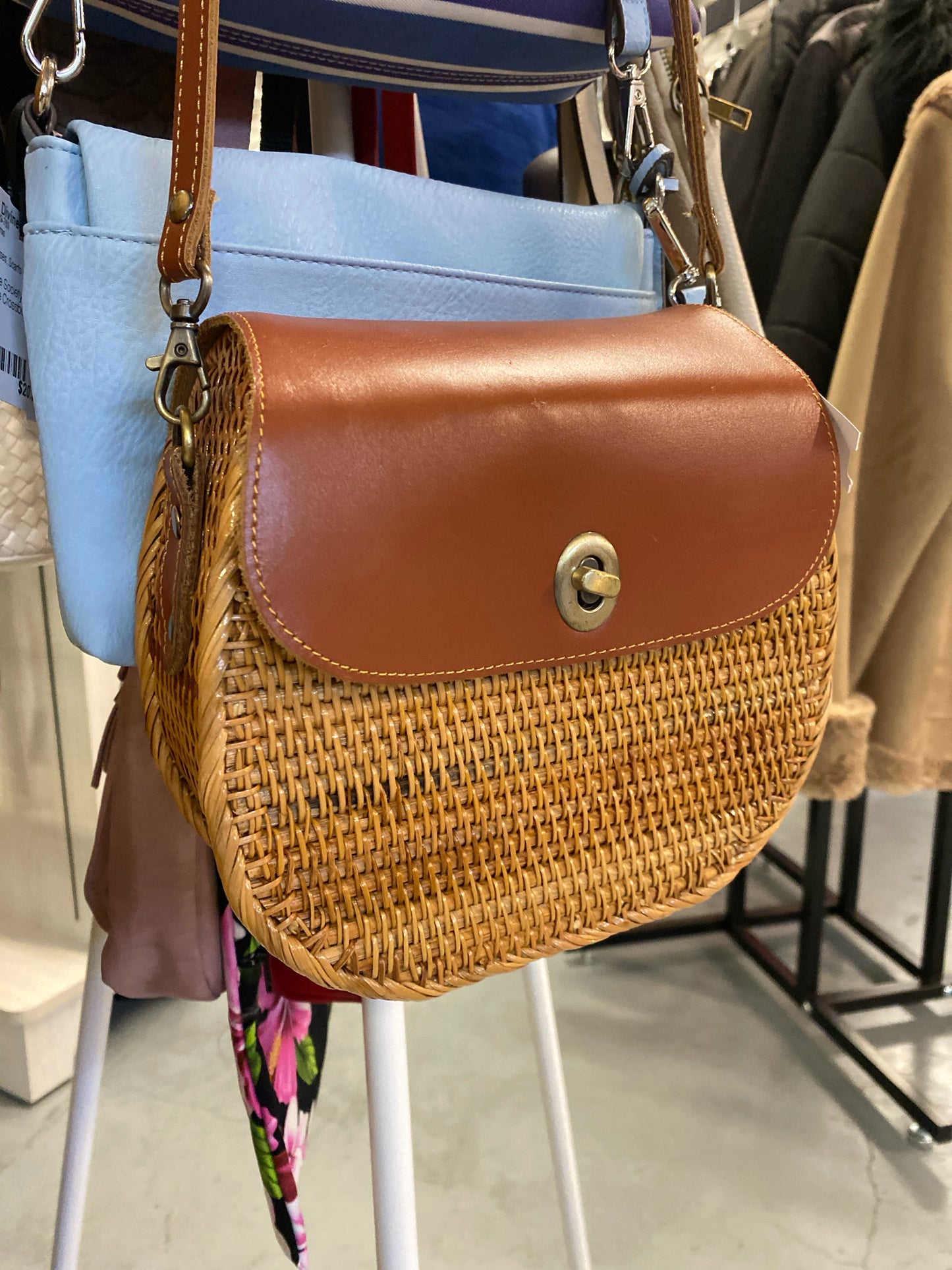 Round Rattan Chestnut Brown Leather Crossbody Purse