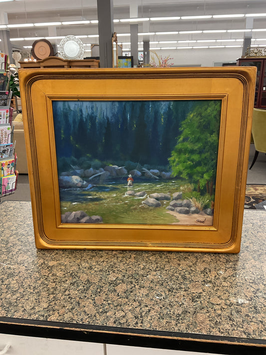Oil On Canvas Fishing Scene Signed