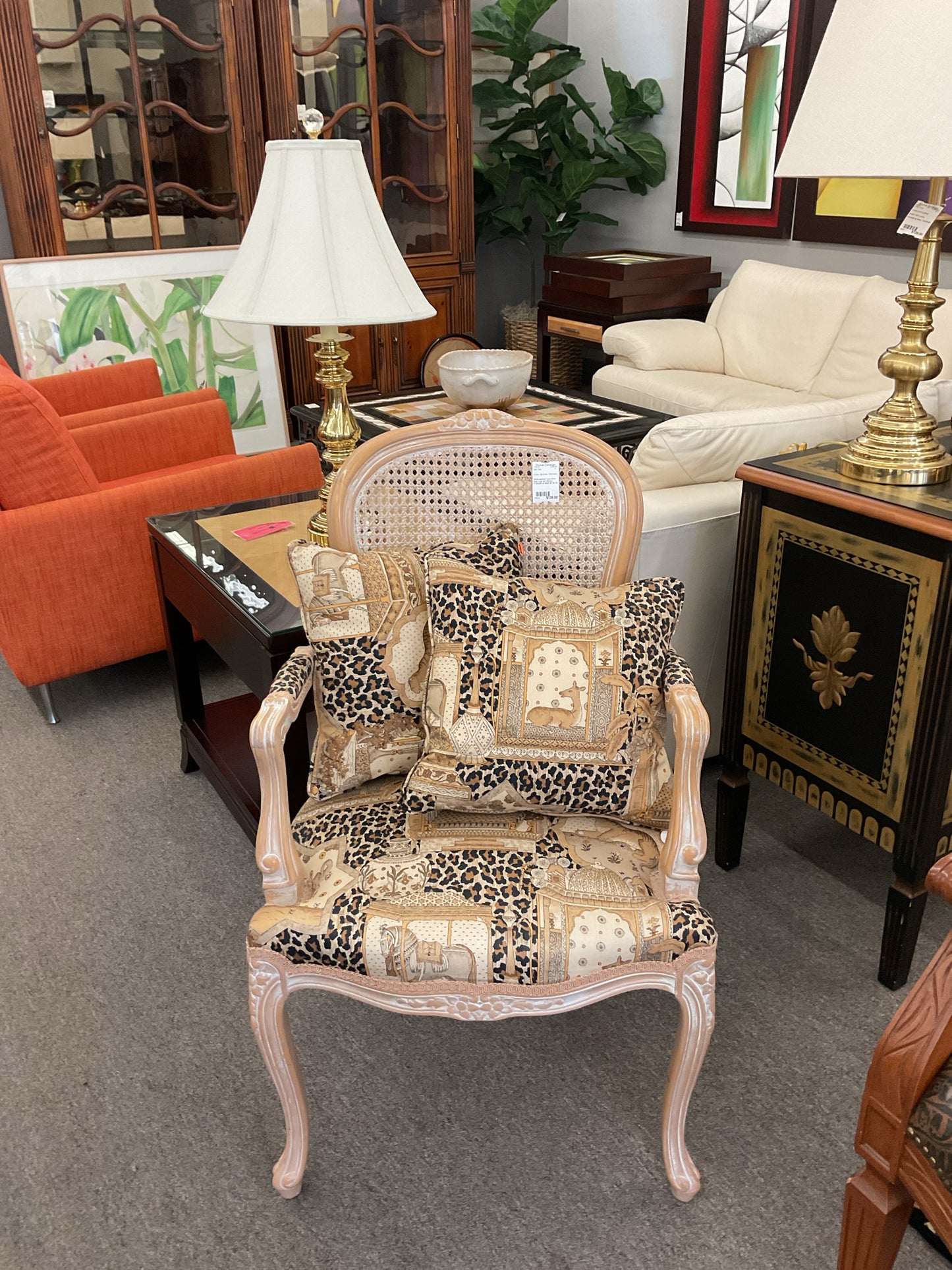 White-washed Cane-Back Side Chair w/2 Pillows