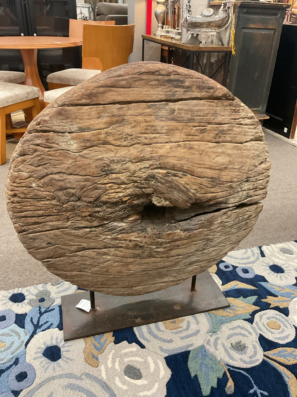 Antique Hand-Carved Wooden Ox Cart Wheel w/Custom Metal Mount