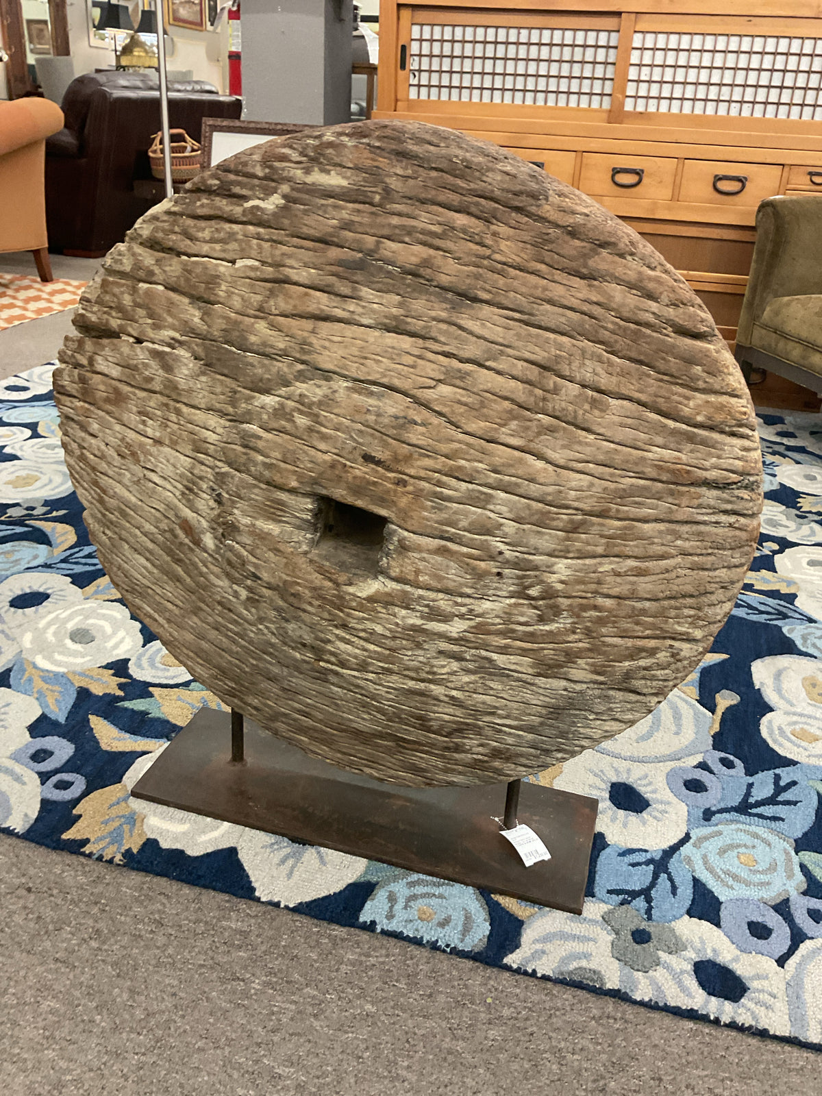 Antique Hand-Carved Wooden Ox Cart Wheel w/Custom Metal Mount