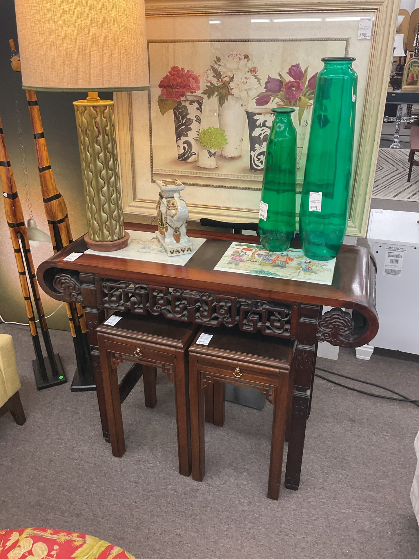 Rosewood Carved Entrance Table w/Porcelain Inlay (AS IS) 45x17x32