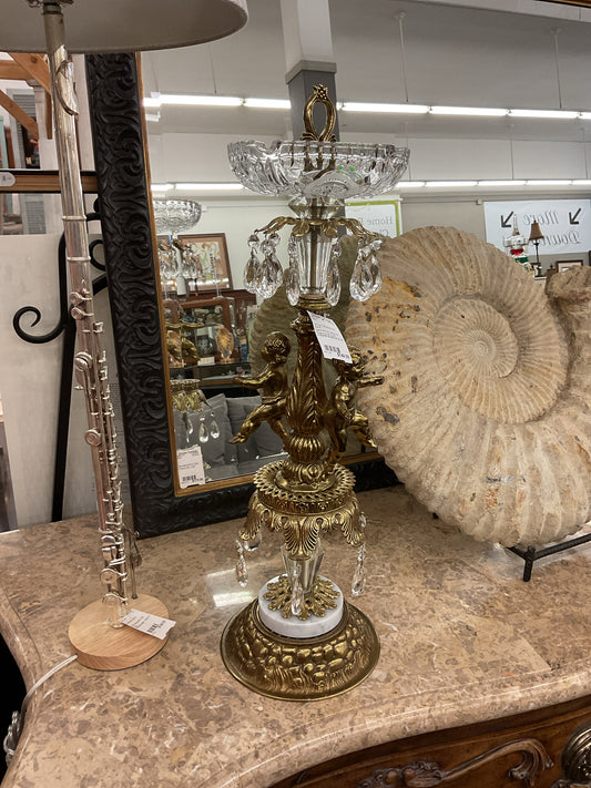 Glass Ashtray Hollywood Regency Style Brass w/Crystal Marble Base