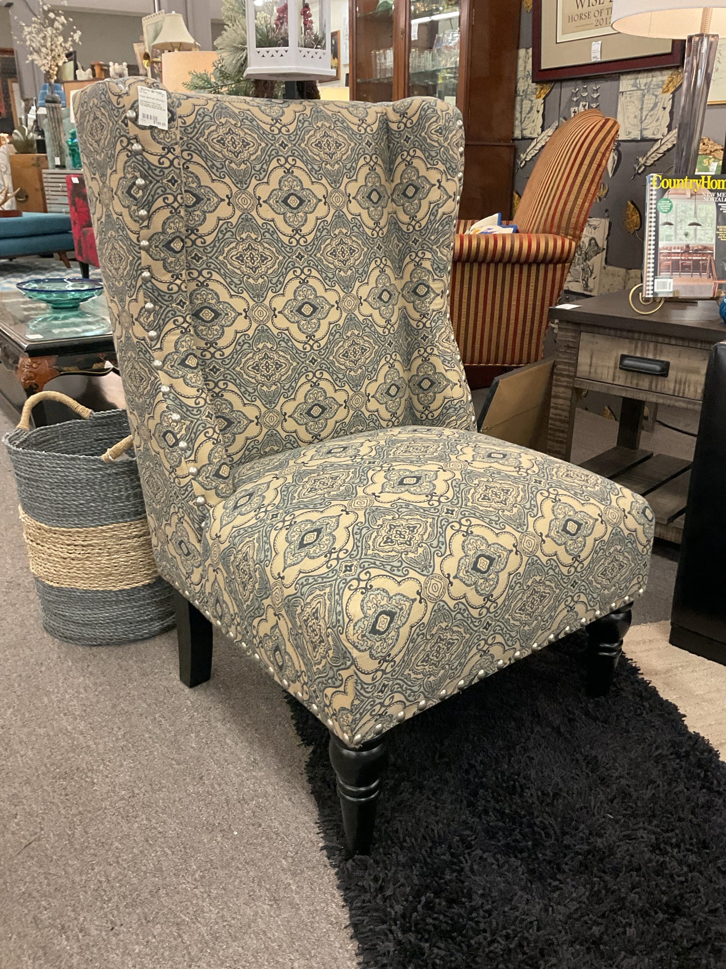 Upholstered Side Chair Blue Design w/Nailheads
