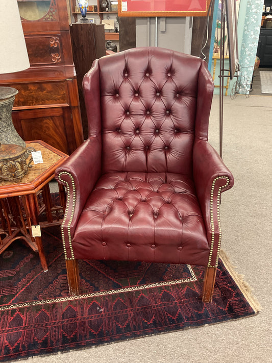 Wing Back Tufted Burgandy Leather Chair