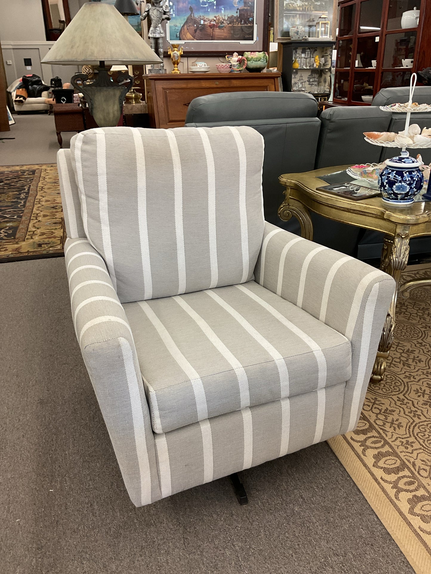 Swivel Arm Chair Light Gray w/White Stripes