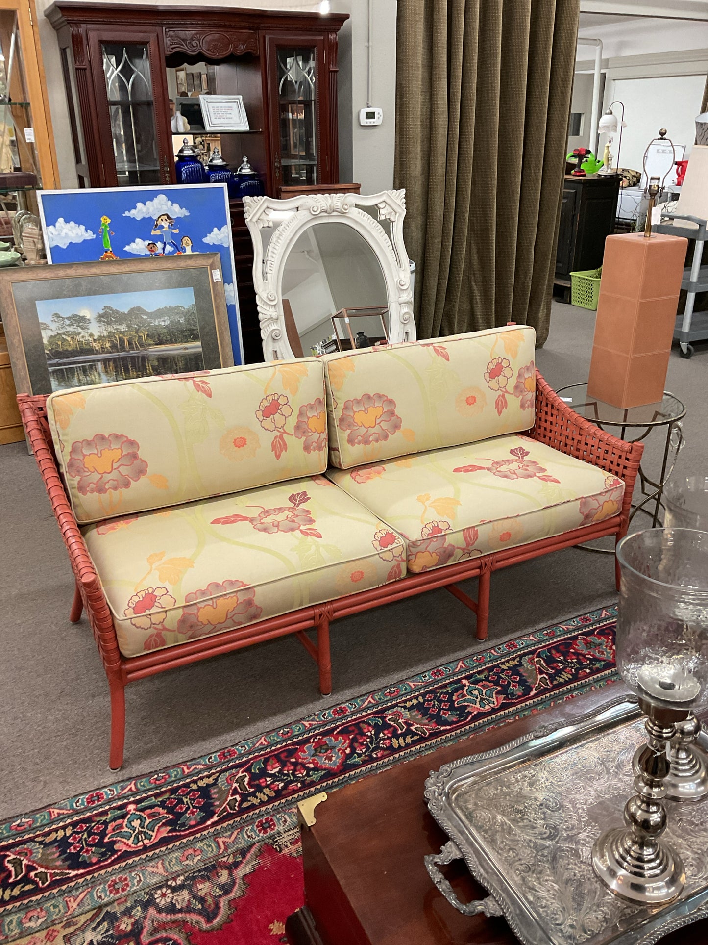 Vintage Rattan & Weaved Leather Sofa 72x30x32