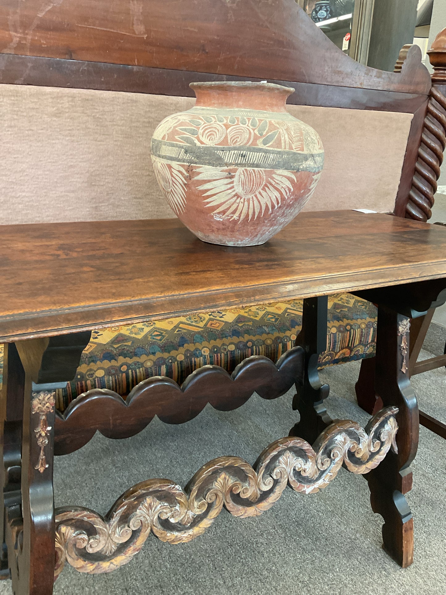 Vintage Dark Wood Sofa Table w/Carved Wood Accent Panels 48 x 22 x 29