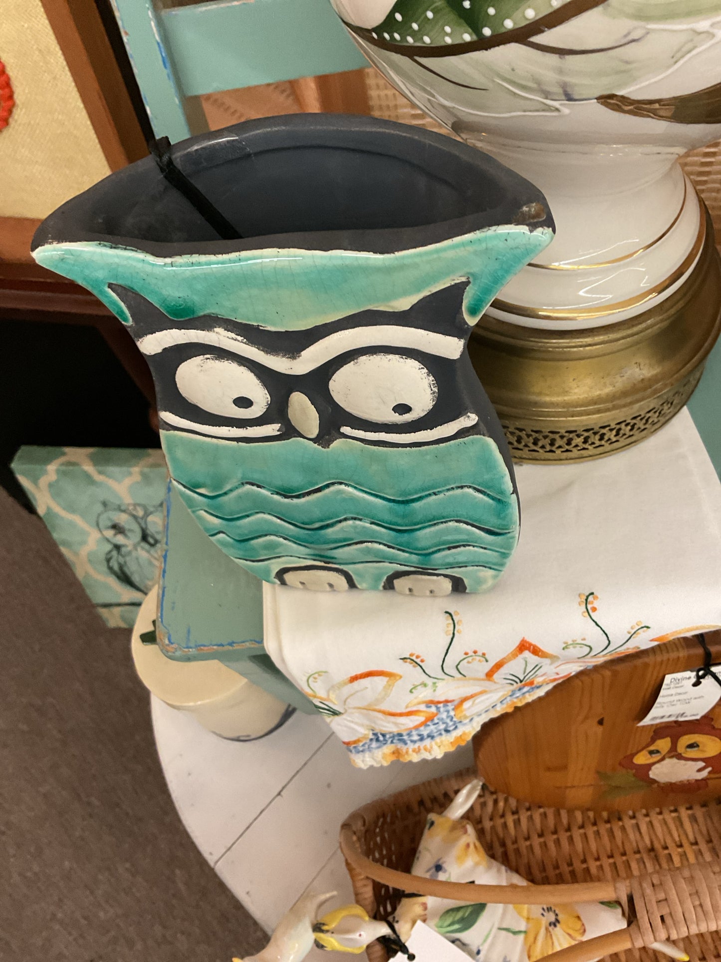 Owl Blue White Black Raku Vase