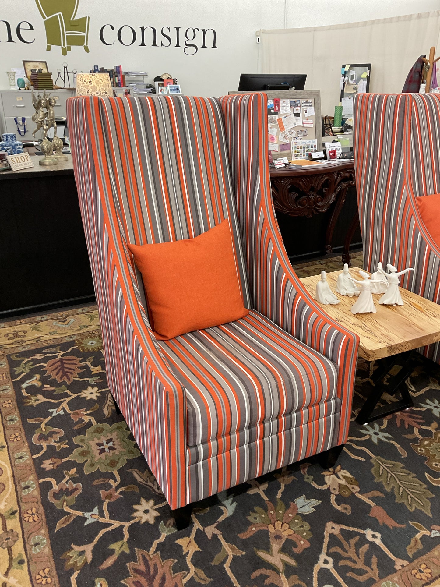 Stripped High-Back Stripped Grey/Orange Chair Made in America 28"W,52"H,38"D