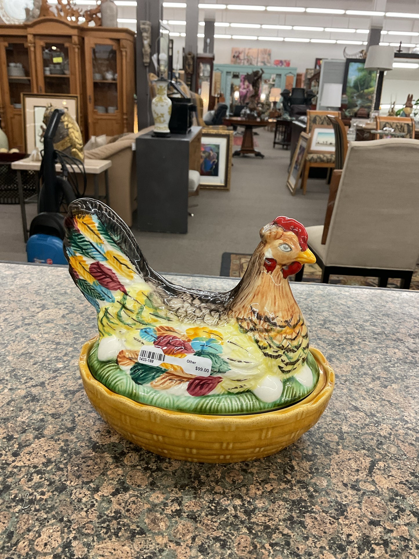 Schramberg Chicken on a Nest Majolica Egg Holder