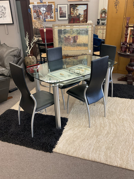 Contemporary Dining Set w/Tempered Glass Table & 4 Chairs
