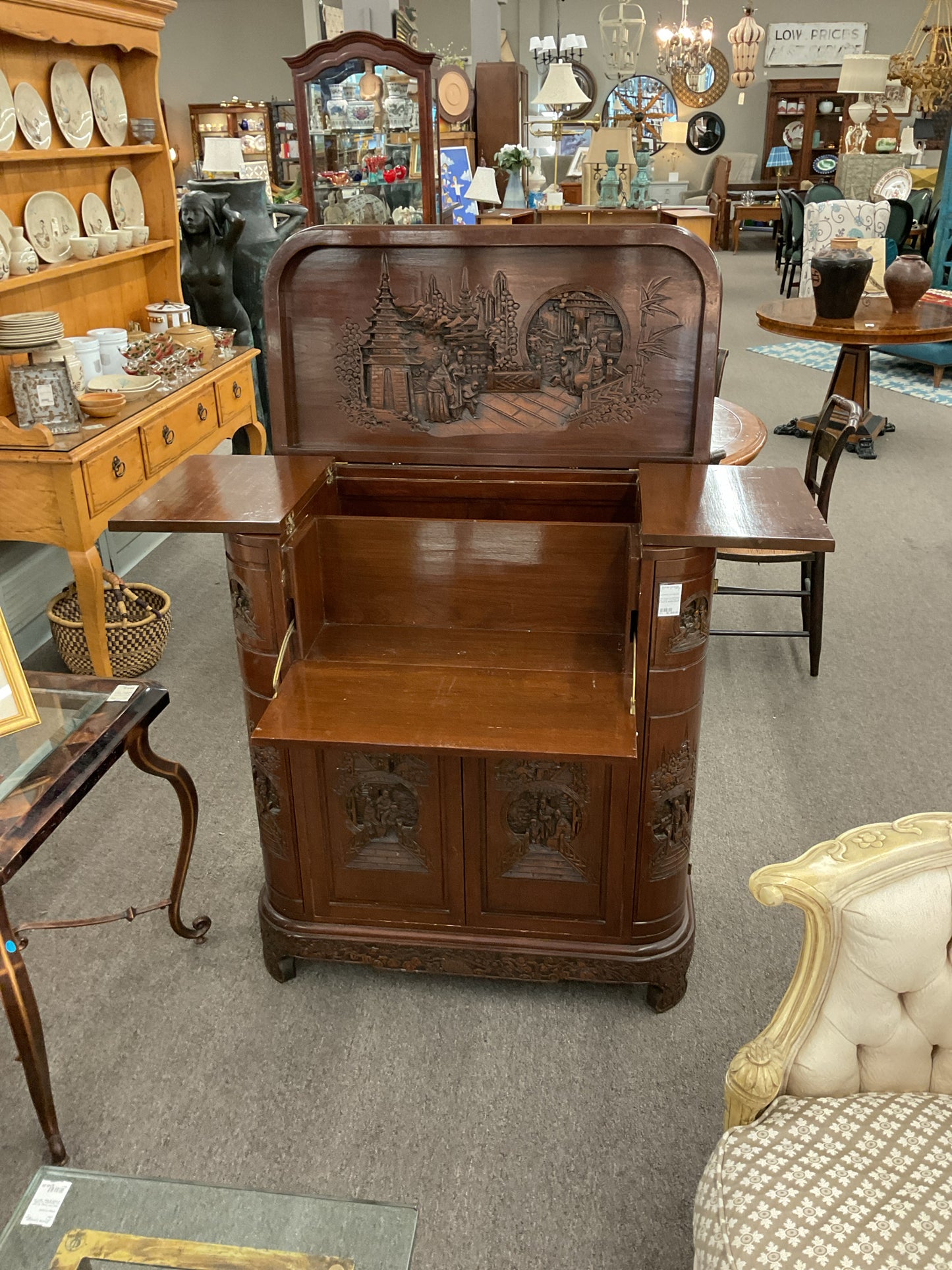 1960s George Zee Mid-Century Asian Heavily Hand Carved Flip Top Dry Bar Cabinet