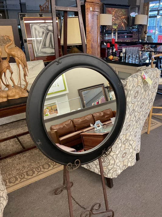 27" Round Brown-Frame Mirror