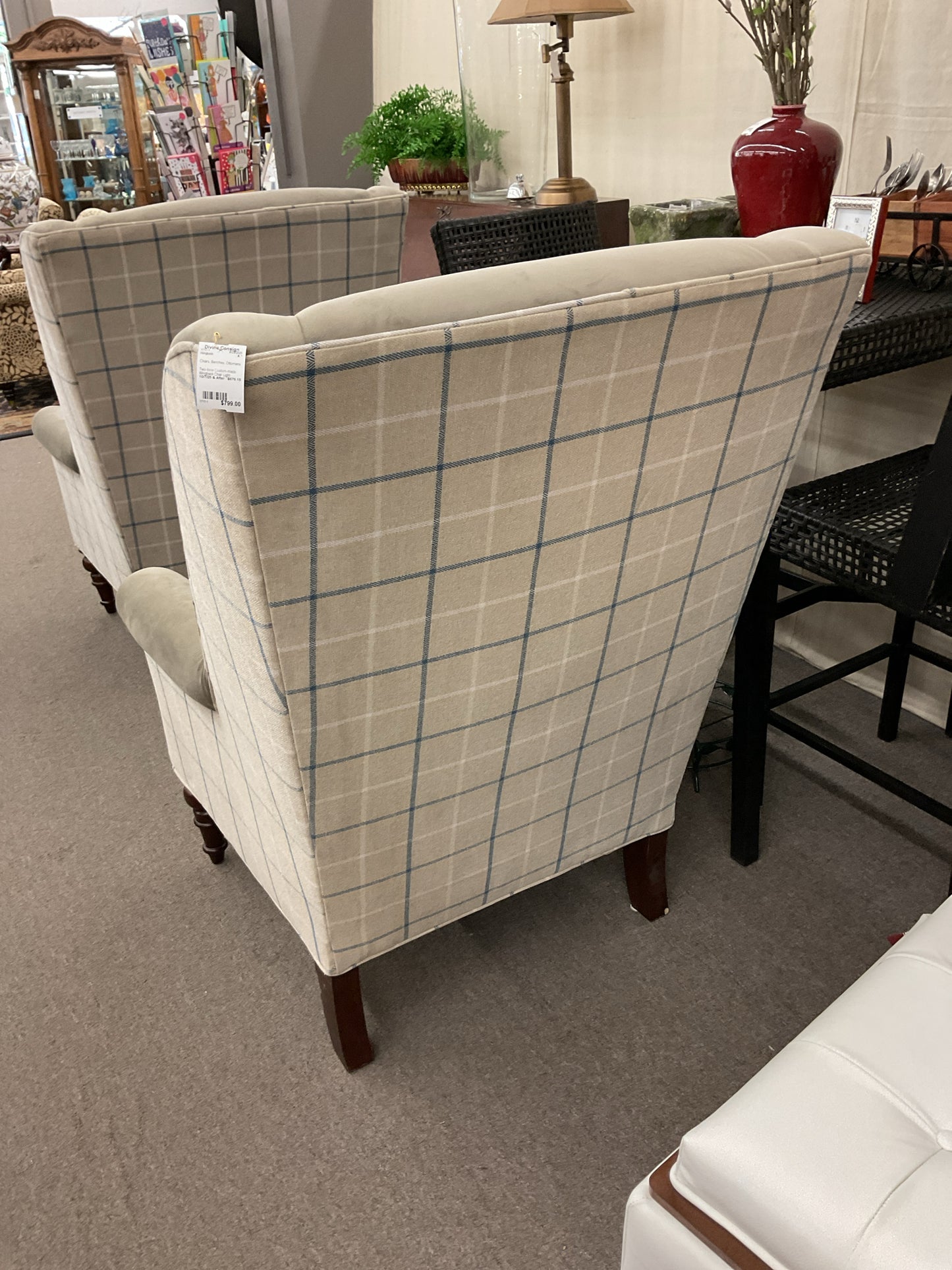 Two-tone Custom-made Wingback Chair Light Grey/Plaid Back