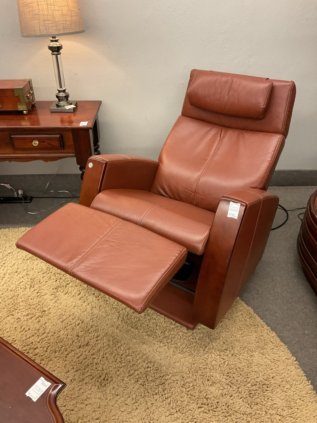 Human Touch Zero Gravity Recliner Leather Upholstery & Dark Wood Side Panels