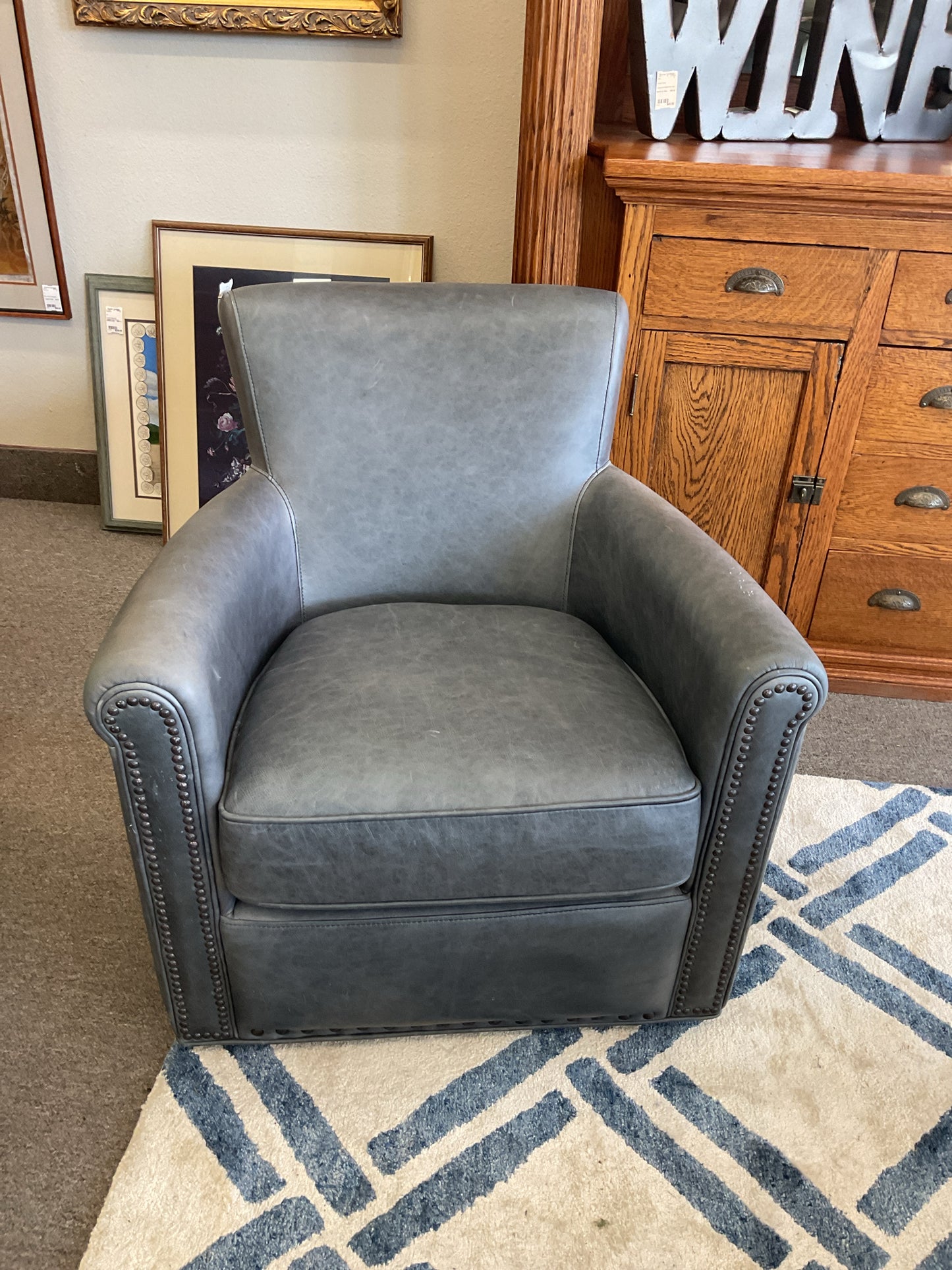 Pottery Barn Blue Leather w/Nailheads Swivel Club Chair