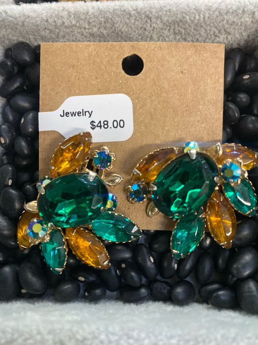 Vintage Large Green and Amber Rhinestone Clip Ons