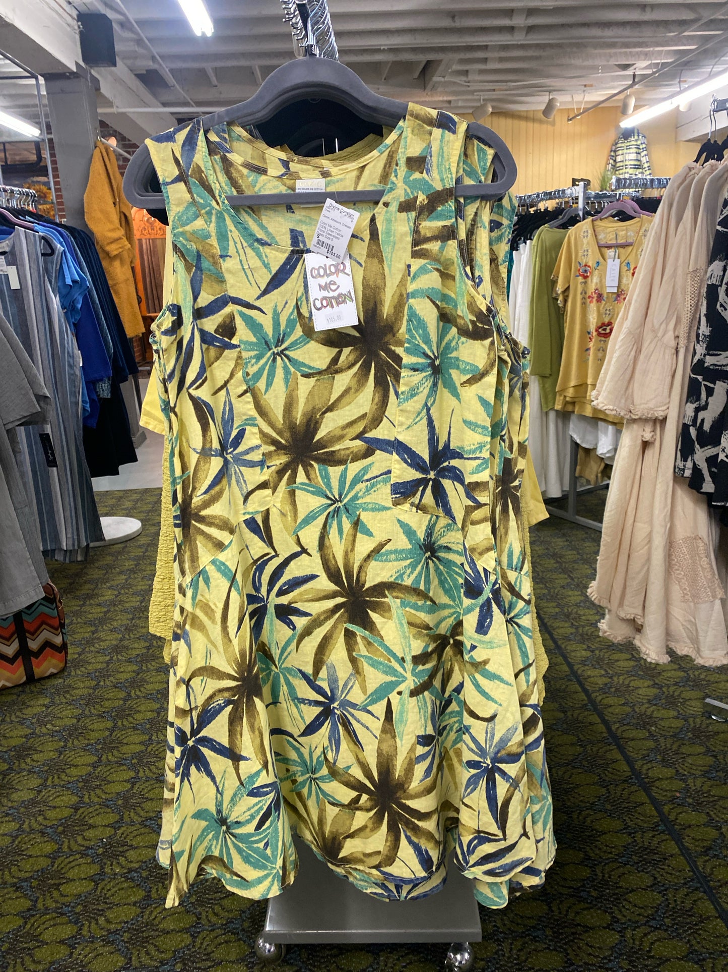 Color Me Cotton 100% Linen Yellow Floral Sleeveless Dress Size S