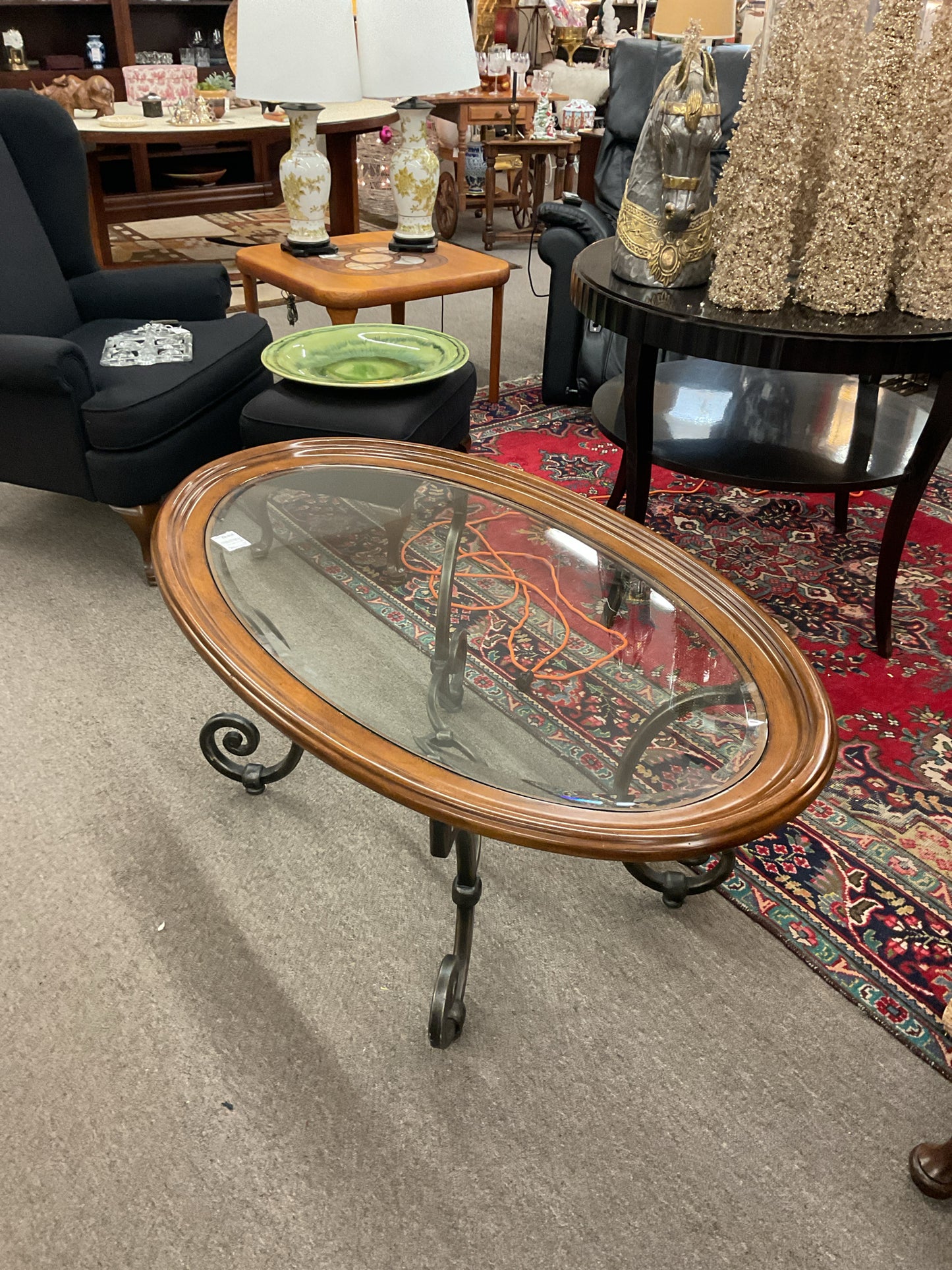 Ethan Allen Oval Coffee Table 50x30 Iron Base/Glass Top