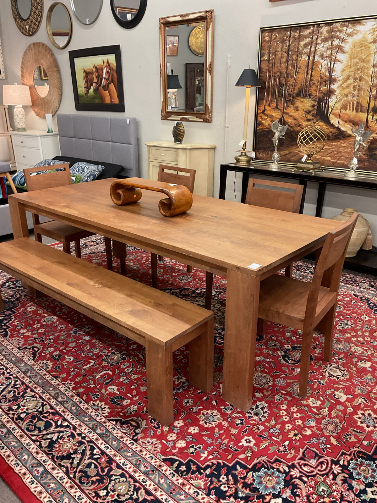 Crate & Barrel Teak Dining Table w/Bench & 4 Chairs 87"L,39"W,30"H