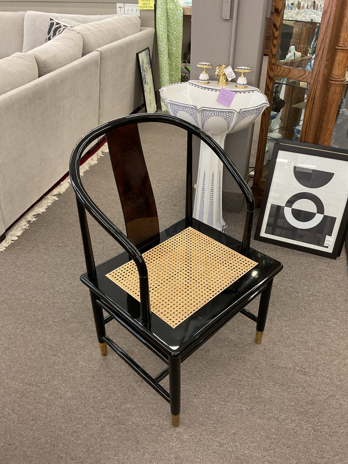 Black Lacquer Chinoiserie Chair w/Cane Seat