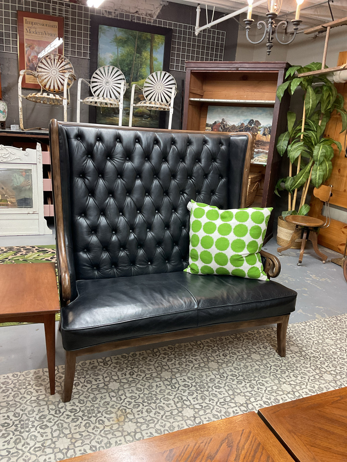 Black Leather High-Back Tufted Settee 53"L,33"D,53"H