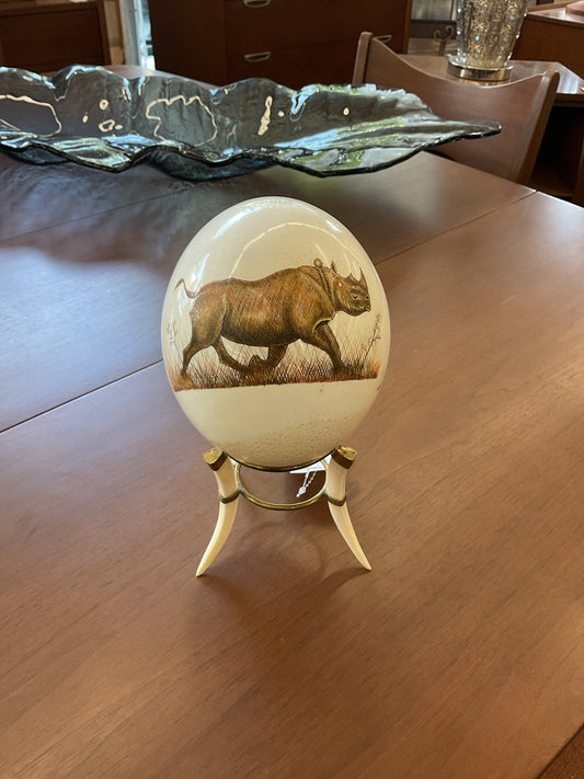 Hand-Painted Ostrid Egg w/Rhino Drawing