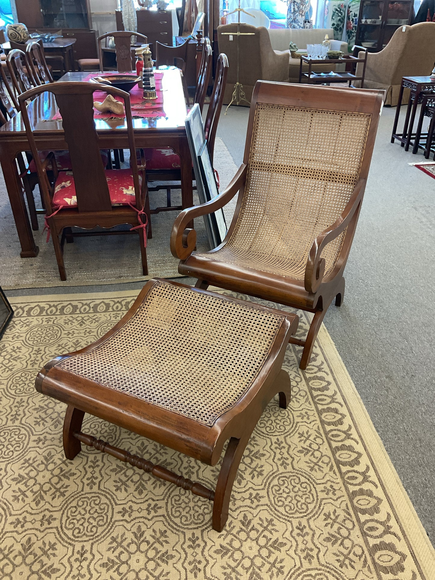 Mahogany Empire-Style Cane Chair & Ottoman