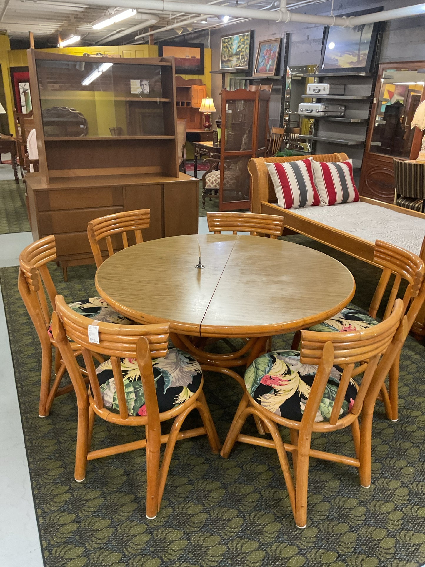 Mid Century Bamboo Dining Set Table & 6 Chairs 47"Across w/1 24" Leaf
