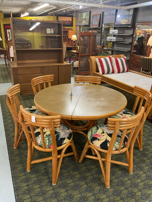 Mid Century Bamboo Dining Set Table & 6 Chairs 47"Across w/1 24" Leaf