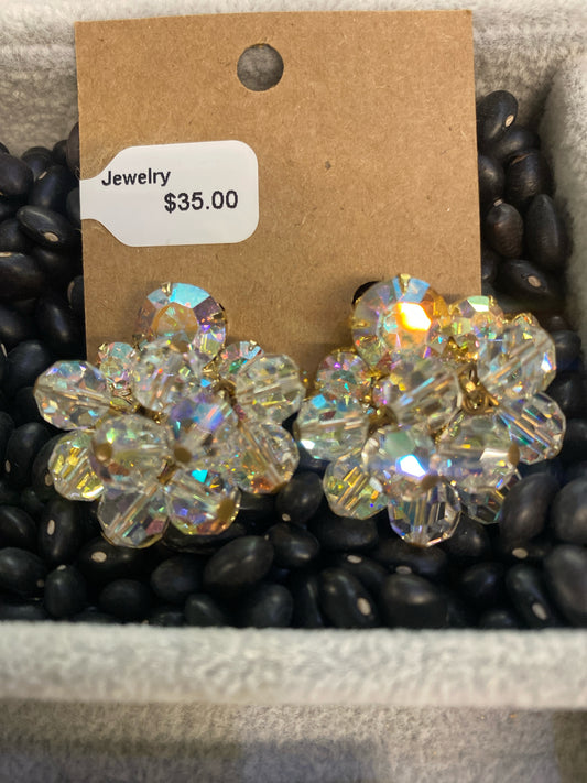Vintage Large Iridescent Rhinestone Round Clip Ons